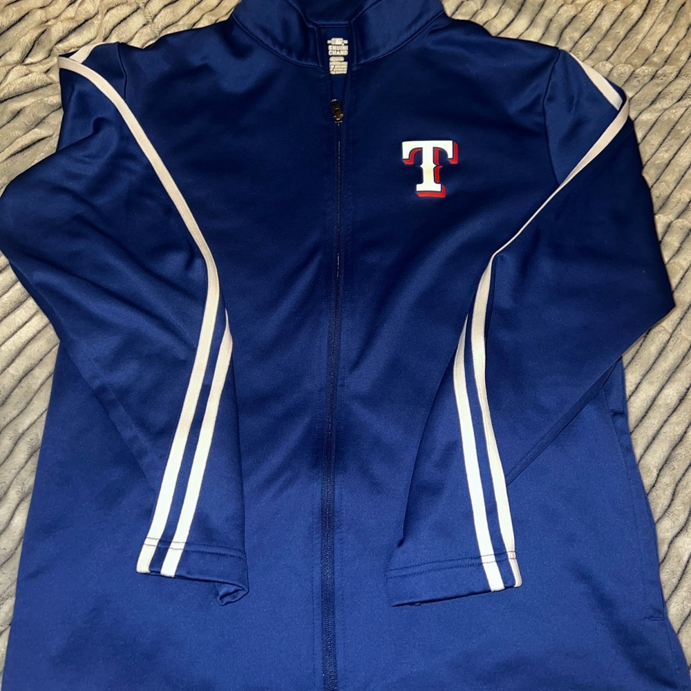 Blue and white Texas Rangers track jacket